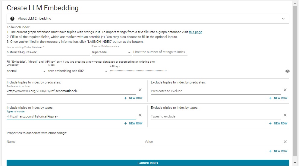 Create LLM Embed dialog